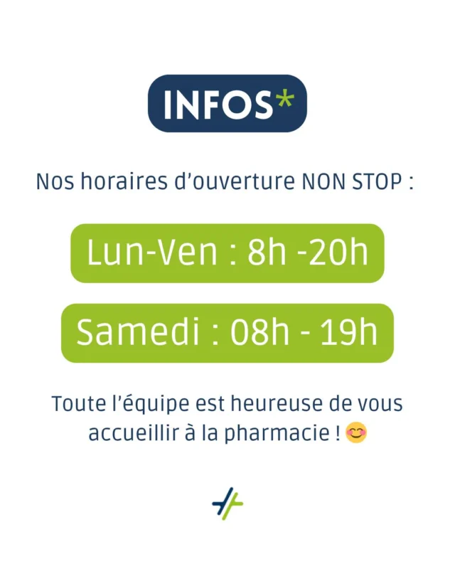 🕒 Infos horaires

Votre pharmacie est ouverte en continu pour mieux vous servir :
👉 Lundi à vendredi : 8h - 20h
👉 Samedi : 8h - 19h

🌟 Toute l’équipe est là pour vous accueillir avec le sourire et répondre à vos besoins ! À très bientôt à la pharmacie. 😊
